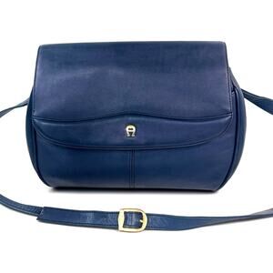 Vintage Etienne Aigner Navy Blue Leather Flap Shoulder Bag Gold A Logo